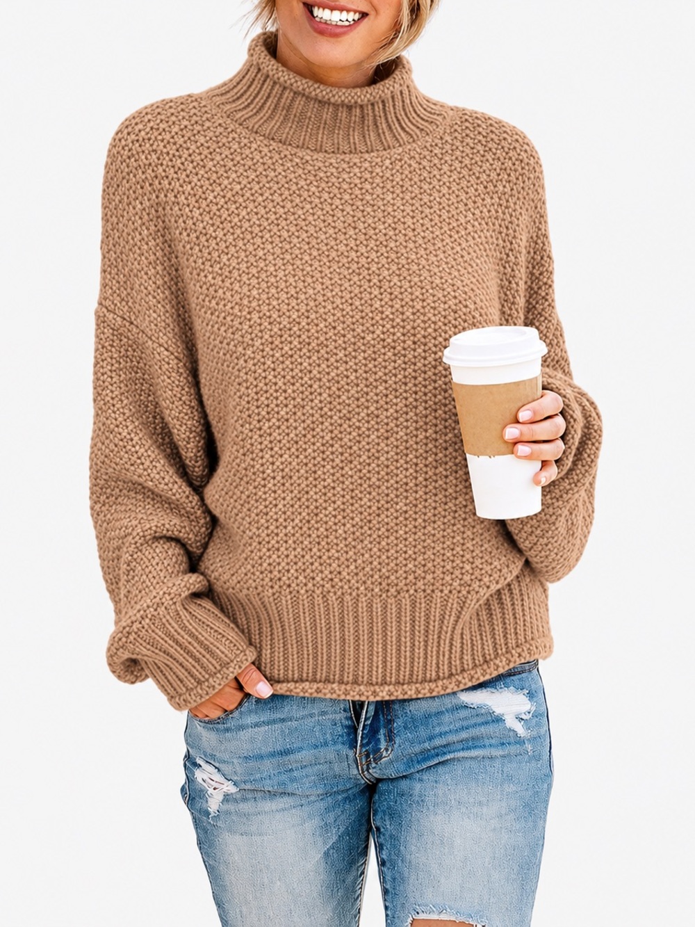 Soft Knit Funnel Neck Sweater in Camel